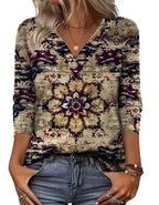 Khaki Women's V-Neck Tunic Tops — Alexis Relaxed-Fit Three-Quarter Sleeve Floral - Close Up Pattern