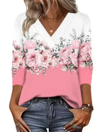 Pink Women's V-Neck Tunic Tops — Alexis Relaxed-Fit Three-Quarter Sleeve Floral - Front Detail