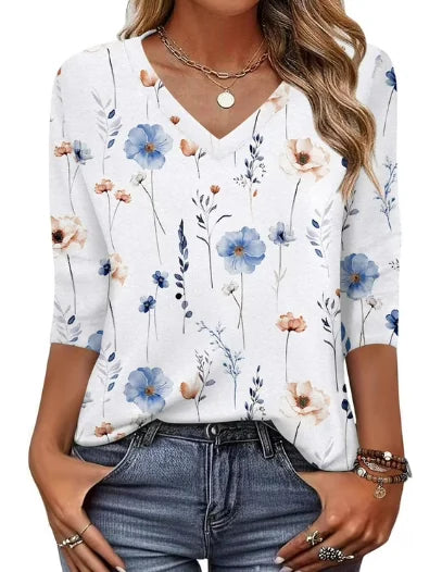 White Women's V-Neck Tunic Tops — Alexis Relaxed-Fit Three-Quarter Sleeve Floral - Front Full
