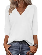 White Women's V-Neck Tunic Tops — Alexis Relaxed-Fit Three-Quarter Sleeve Floral - Studio Plain