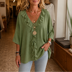 Women's Ruffle Loose Fit Blouse with V-Neck & Three-Quarter Sleeves — Bess