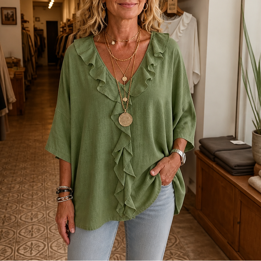 Women's Ruffle Loose Fit Blouse with V-Neck & Three-Quarter Sleeves — Bess