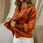 Orange Women's Plaid Cardigan with Structured Collar & Ribbed Knit Cuffs