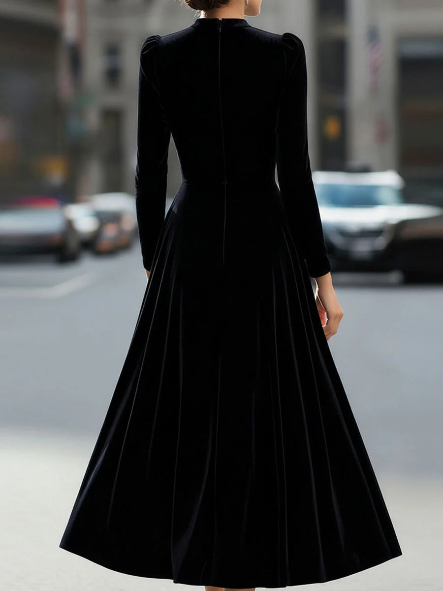 Women's Velvet Maxi Dress with A-Line Silhouette & Puff-Sleeve Detail - Back Full