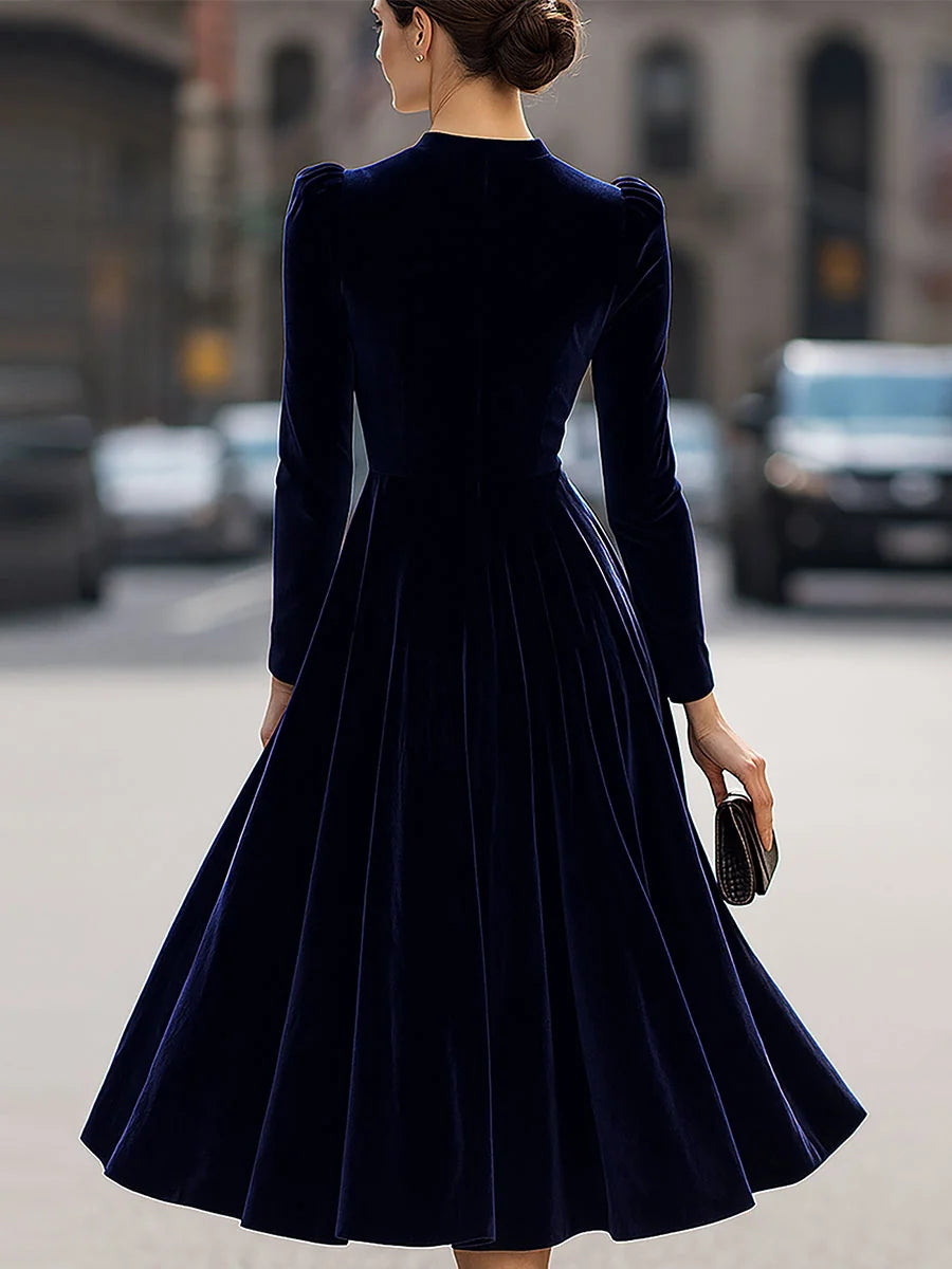 Women's Velvet Maxi Dress with A-Line Silhouette & Puff-Sleeve Detail - Back Full Alt