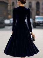 Women's Velvet Maxi Dress with A-Line Silhouette & Puff-Sleeve Detail - Back Full