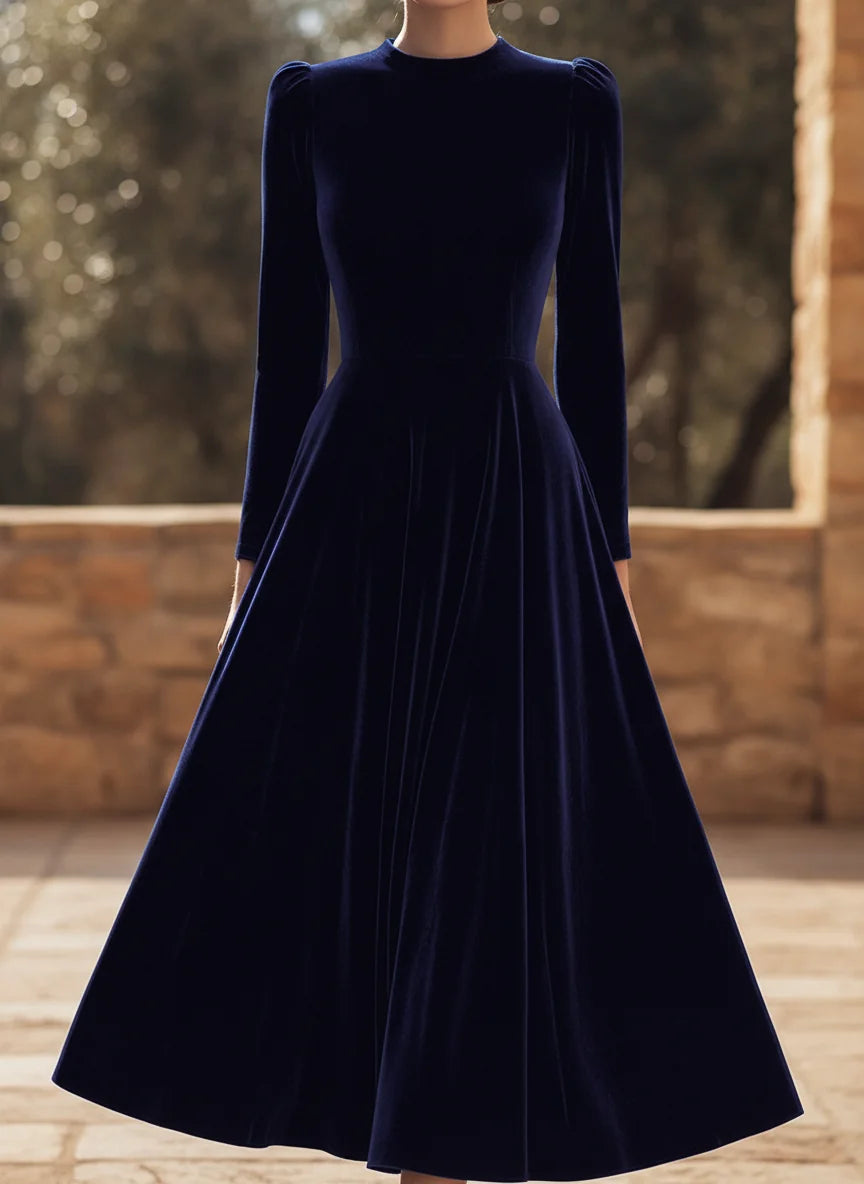 Women's Velvet Maxi Dress with A-Line Silhouette & Puff-Sleeve Detail - Front Full Outdoor