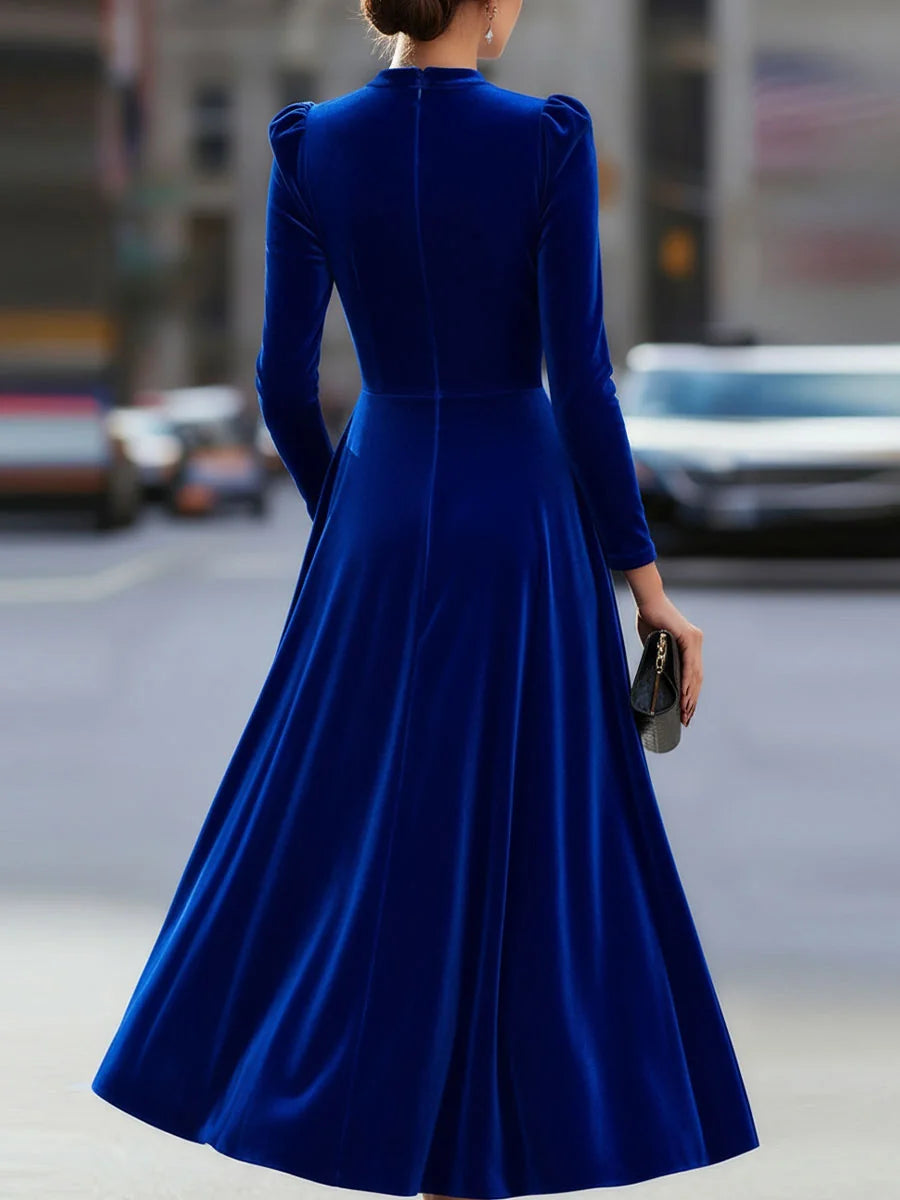 Women's Velvet Maxi Dress with A-Line Silhouette & Puff-Sleeve Detail - Blue Back Full