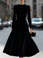 Women's Velvet Maxi Dress with A-Line Silhouette & Puff-Sleeve Detail