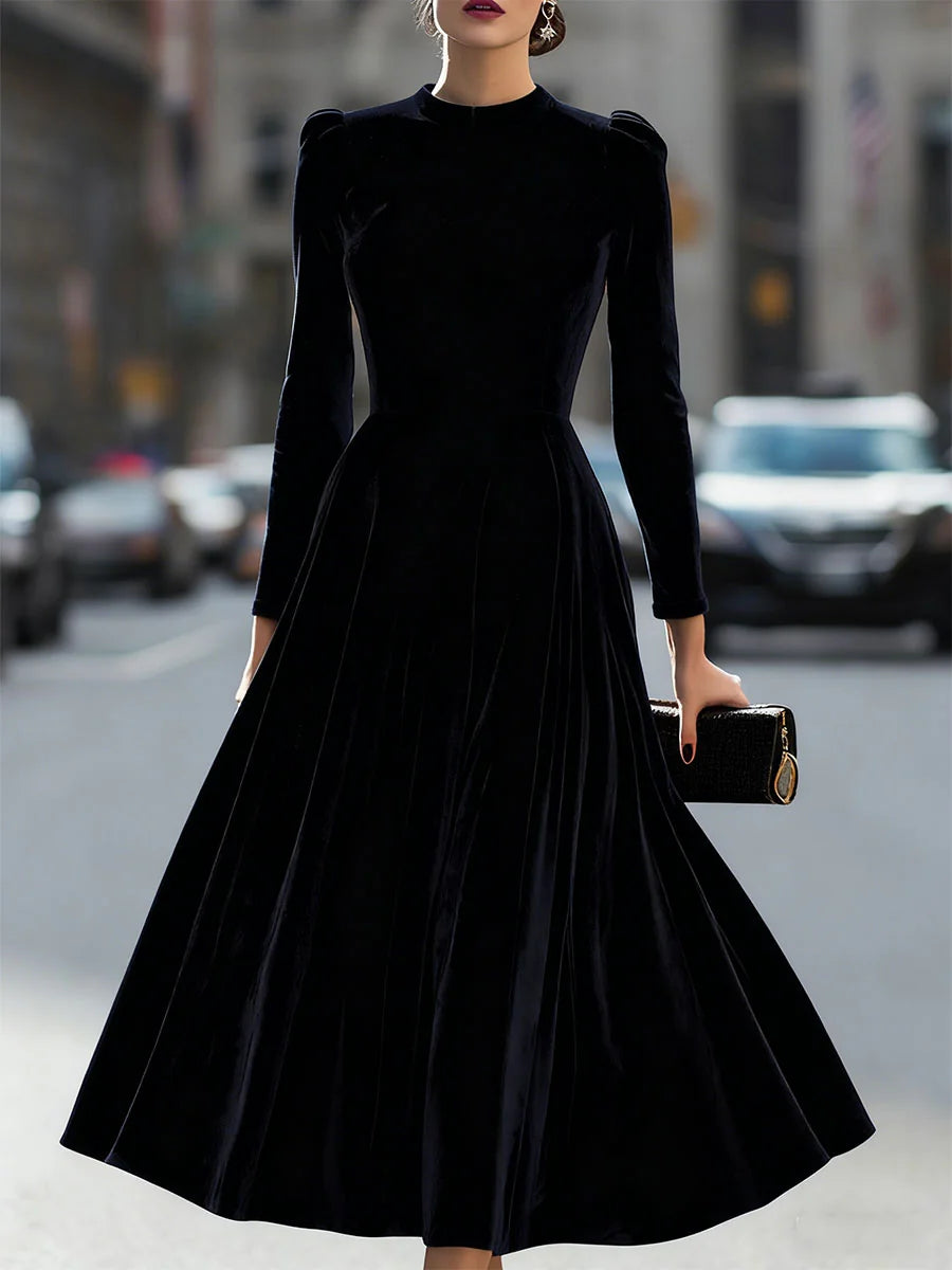 Women's Velvet Maxi Dress with A-Line Silhouette & Puff-Sleeve Detail