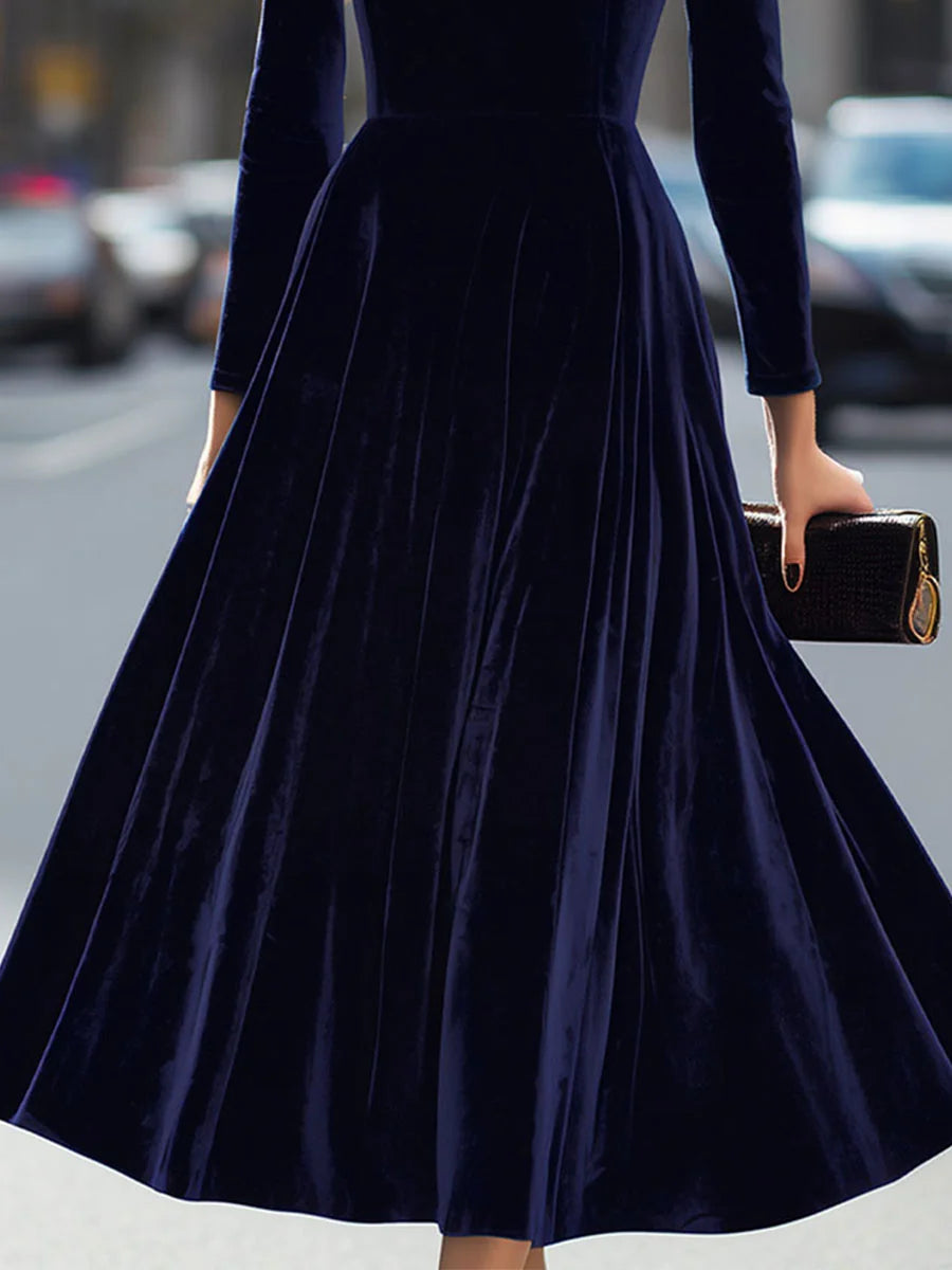 Women's Velvet Maxi Dress with A-Line Silhouette & Puff-Sleeve Detail