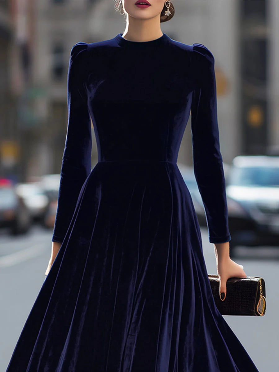 Women's Velvet Maxi Dress with A-Line Silhouette & Puff-Sleeve Detail