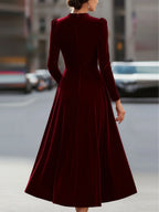 Women's Velvet Maxi Dress with A-Line Silhouette & Puff-Sleeve Detail - Back Full