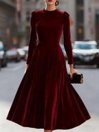 Wine Red Women's Velvet Maxi Dress with A-Line Silhouette & Puff-Sleeve Detail - Front Full