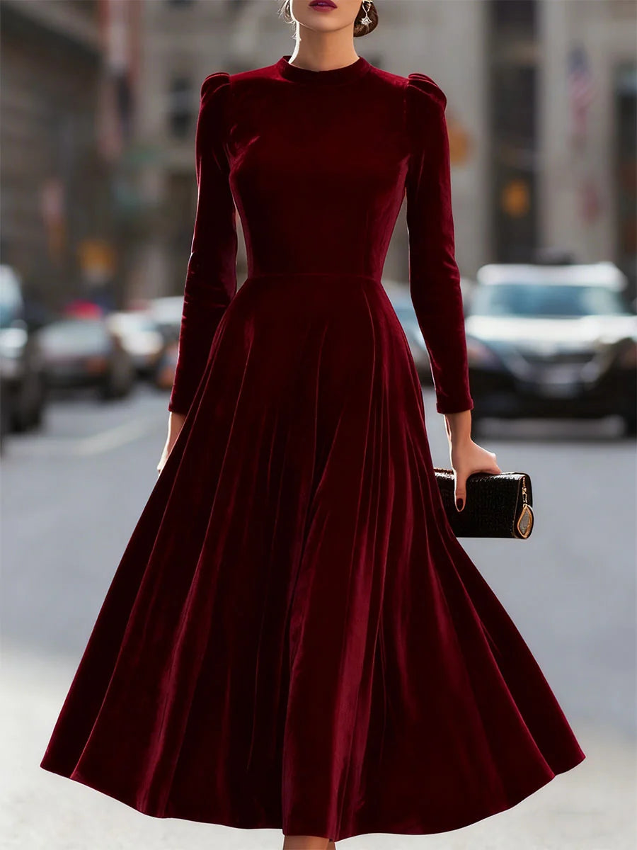 Wine Red Women's Velvet Maxi Dress with A-Line Silhouette & Puff-Sleeve Detail - Front Full