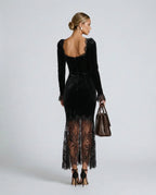 Women's Velvet Lace Maxi Dress with Square Neckline & Long Sleeves - Back Studio