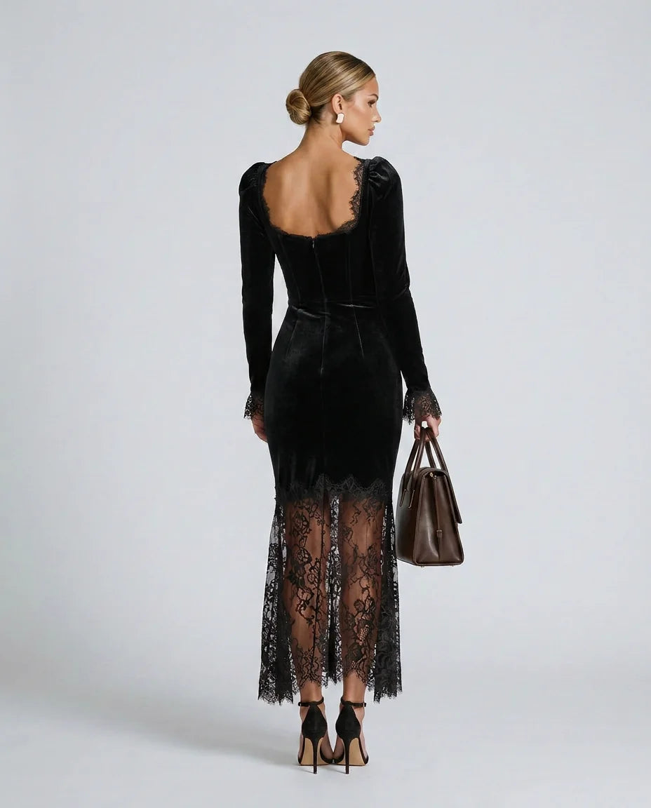 Women's Velvet Lace Maxi Dress with Square Neckline & Long Sleeves - Back Studio
