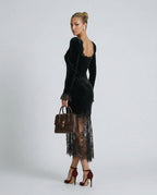 Women's Velvet Lace Maxi Dress with Square Neckline & Long Sleeves - Side Back Pose