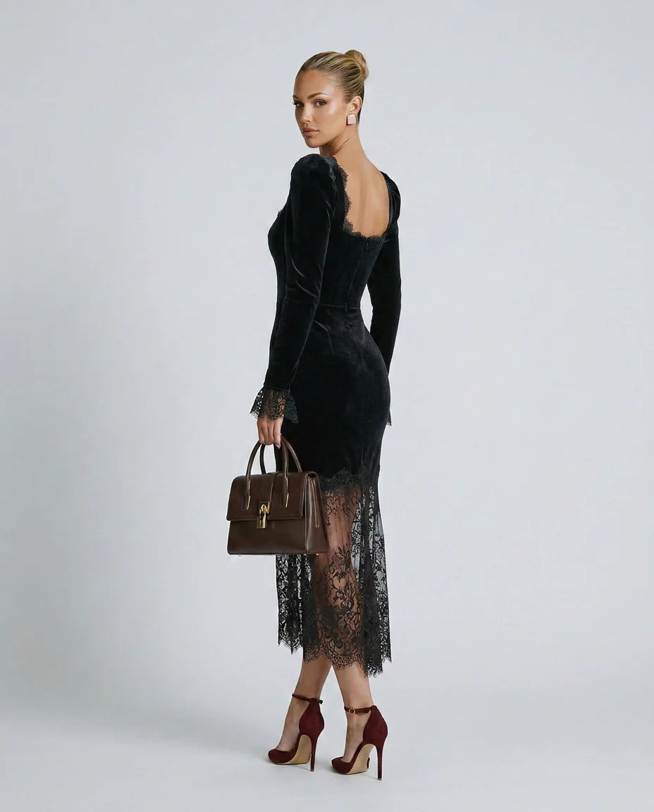 Women's Velvet Lace Maxi Dress with Square Neckline & Long Sleeves - Side Back Pose