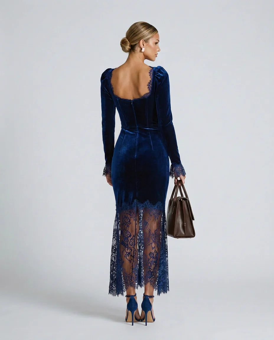 Women's Velvet Lace Maxi Dress with Square Neckline & Long Sleeves - Back View