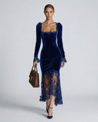 Blue Women's Velvet Lace Maxi Dress with Square Neckline & Long Sleeves