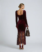 Women's Velvet Lace Maxi Dress with Square Neckline & Long Sleeves - Back Standing