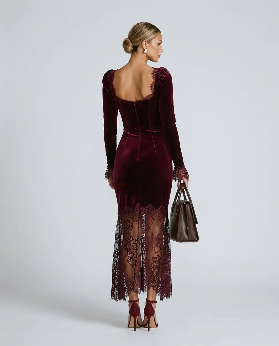 Women's Velvet Lace Maxi Dress with Square Neckline & Long Sleeves - Back Standing