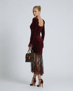 Women's Velvet Lace Maxi Dress with Square Neckline & Long Sleeves - Side Glance