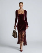 Burgundy Women's Velvet Lace Maxi Dress with Square Neckline & Long Sleeves
