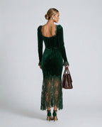 Women's Velvet Lace Maxi Dress with Square Neckline & Long Sleeves - Back Full