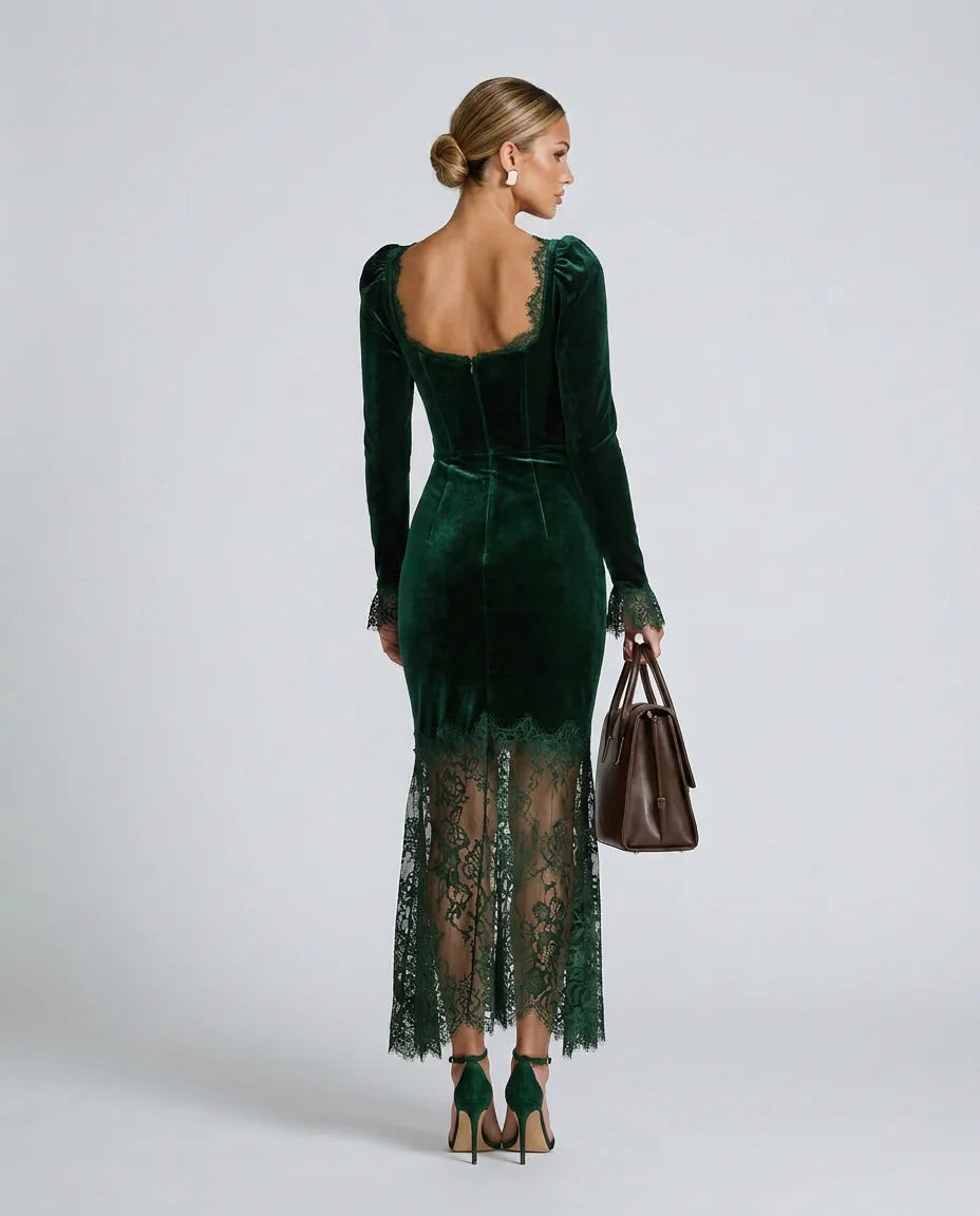 Women's Velvet Lace Maxi Dress with Square Neckline & Long Sleeves - Back Full