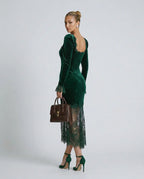 Women's Velvet Lace Maxi Dress with Square Neckline & Long Sleeves - Side Profile