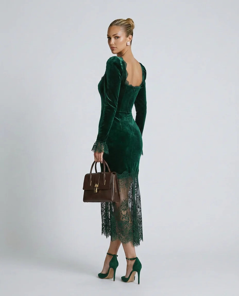 Women's Velvet Lace Maxi Dress with Square Neckline & Long Sleeves - Side Profile