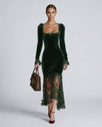 Dark Green Women's Velvet Lace Maxi Dress with Square Neckline & Long Sleeves