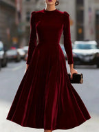 Burgundy Women's Velvet Maxi Dress with Mock Neck & Puff Shoulders