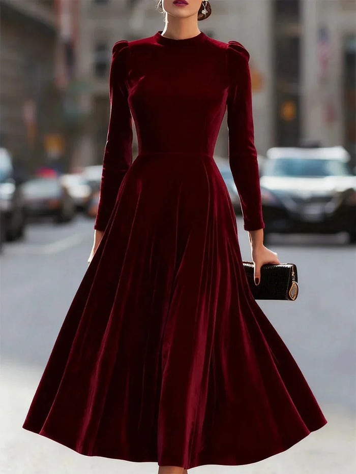 Burgundy Women's Velvet Maxi Dress with Mock Neck & Puff Shoulders