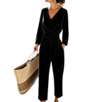 Women's Velvet Jumpsuit with Wrap Top & Tailored Draping - Studio White Background
