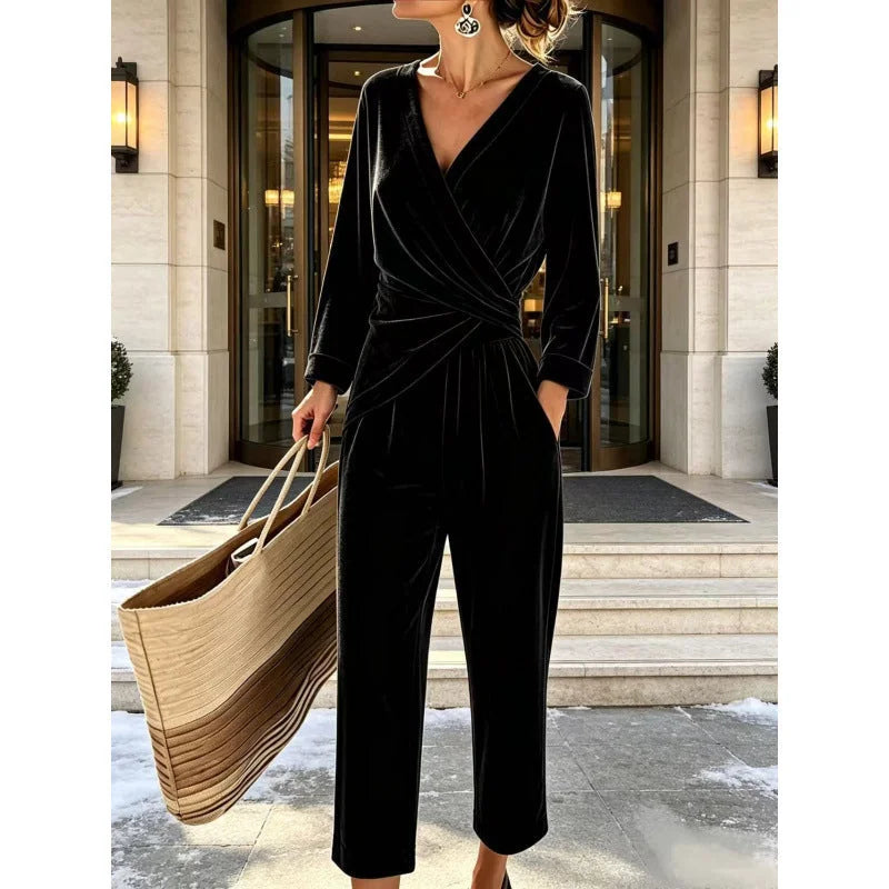 Black Women's Velvet Jumpsuit with Wrap Top & Tailored Draping