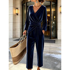 Dark Blue Women's Velvet Jumpsuit with Wrap Top & Tailored Draping - Front Pose Daylight Street
