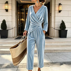 Women's Velvet Jumpsuit with Wrap Top & Tailored Draping - Front Full Daylight