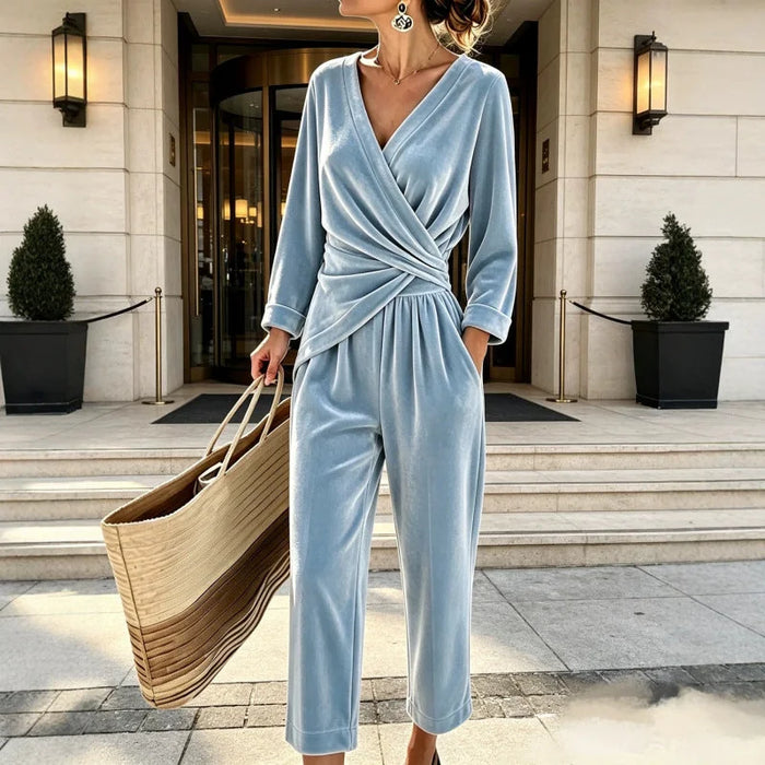 Women's Velvet Jumpsuit with Wrap Top & Tailored Draping - Front Full Daylight