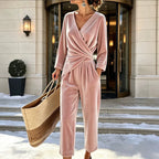 Women's Velvet Jumpsuit with Wrap Top & Tailored Draping - Front Full Snow
