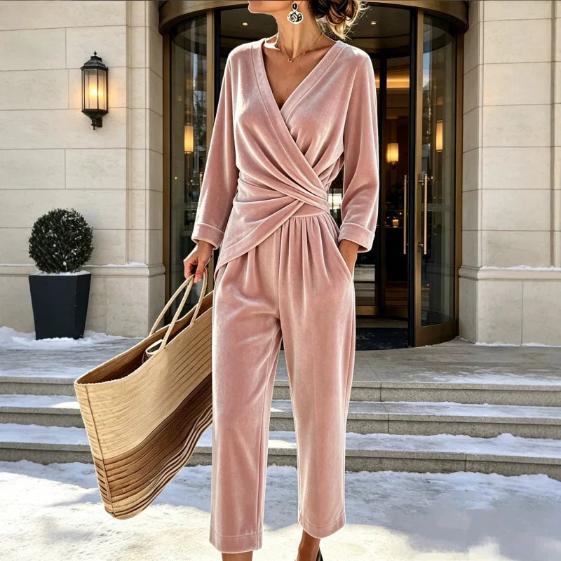 Women's Velvet Jumpsuit with Wrap Top & Tailored Draping - Front Full Snow
