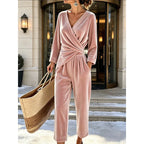Pink Women's Velvet Jumpsuit with Wrap Top & Tailored Draping