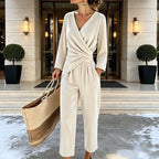 Women's Velvet Jumpsuit with Wrap Top & Tailored Draping - Front Full Studio Entrance