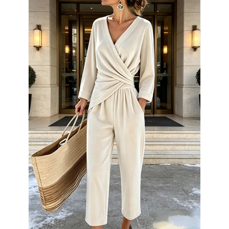 White Women's Velvet Jumpsuit with Wrap Top & Tailored Draping