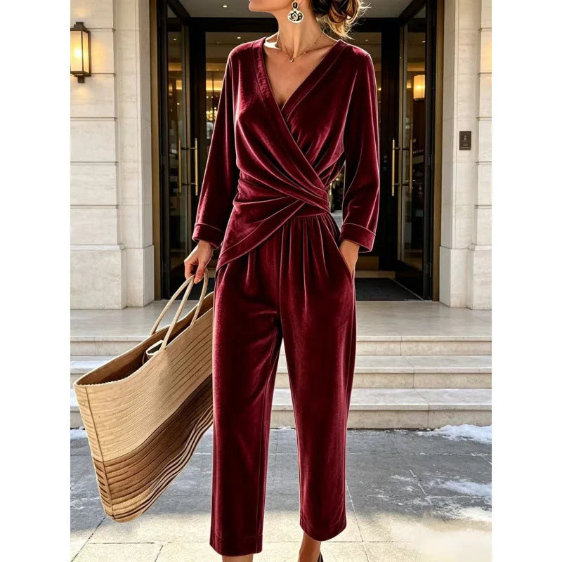 Wine Red Women's Velvet Jumpsuit with Wrap Top & Tailored Draping - Front Pose Entrance Burgundy