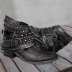 Black Women's Vintage Ankle Boots with Buckle Straps & Studded Detail