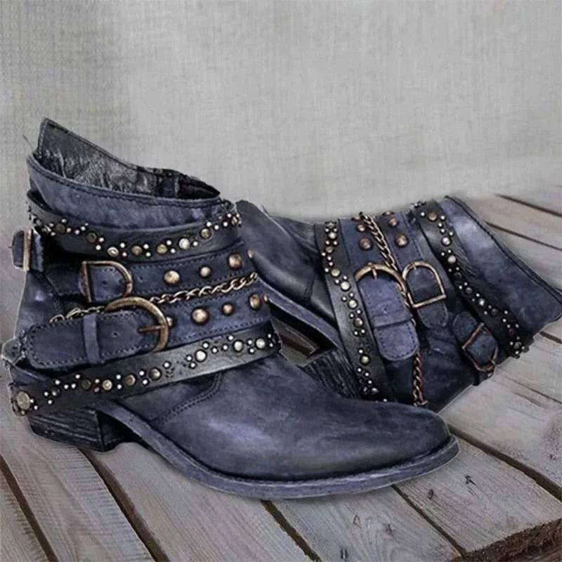 Blue Women's Vintage Ankle Boots with Buckle Straps & Studded Detail