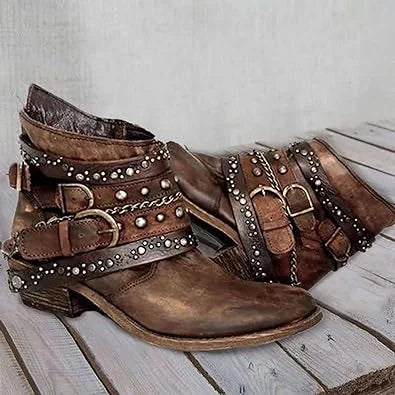 Brown Women's Vintage Ankle Boots with Buckle Straps & Studded Detail